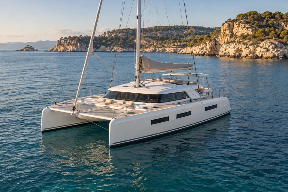 Illustrative generated sailing catamaran at anchor