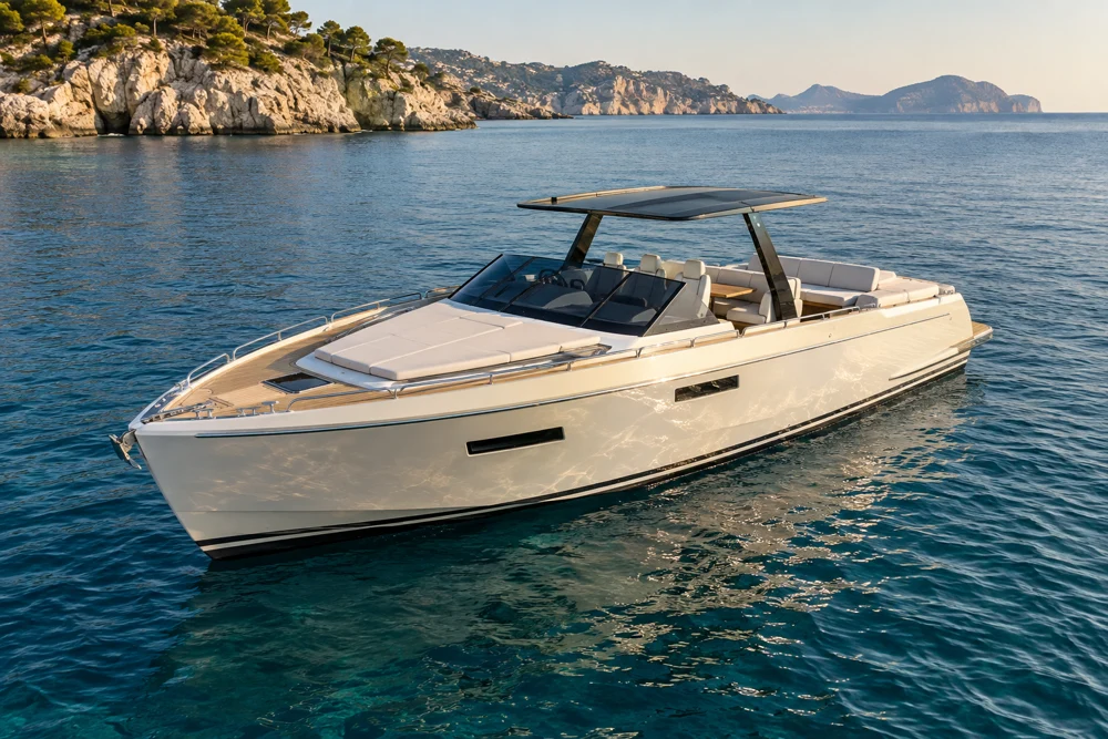Illustrative generated open day cruiser on Mediterranean water