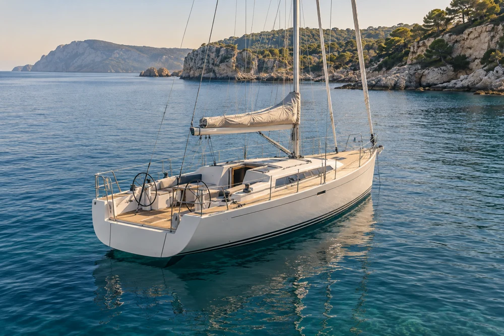 Illustrative generated sailing yacht near a coastal headland