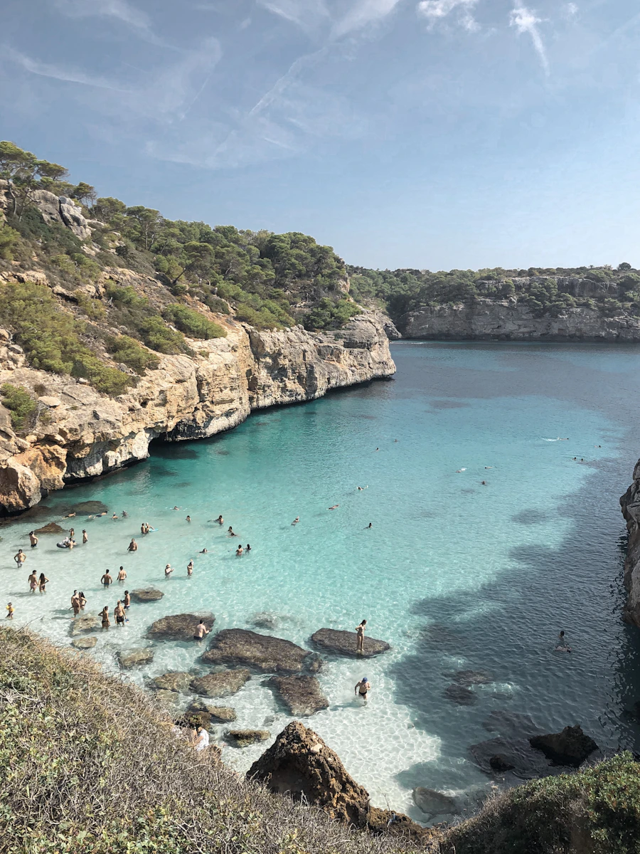 Pine-covered cliffs and turquoise water at Caló des Moro, Mallorca